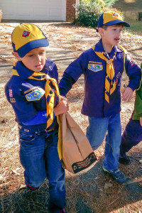 Scouts from Pack 564 help collect groceries during the Harvest for the  Hungry food drive.
